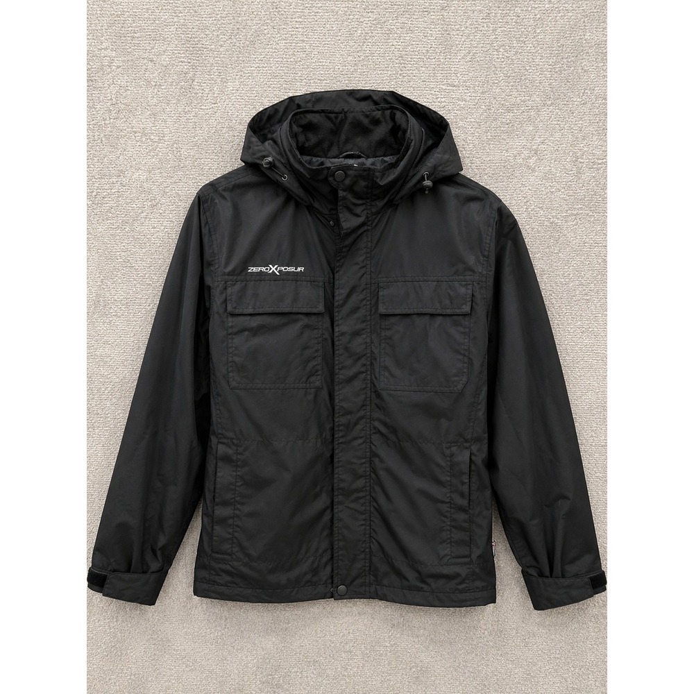 ZeroXposur Mens Jacket XL Black Windbreaker Hooded Mesh Lined Multi-Pocket